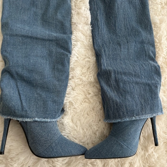 Knee High Denim Cuffed Boot Heels - Picture 2 of 3